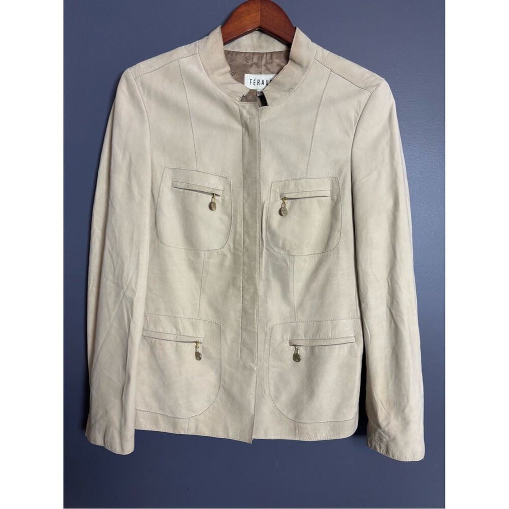 Vintage Feraud Cream Calf Leather Tailored Utility Jacket Blazer Mandarin Collar
